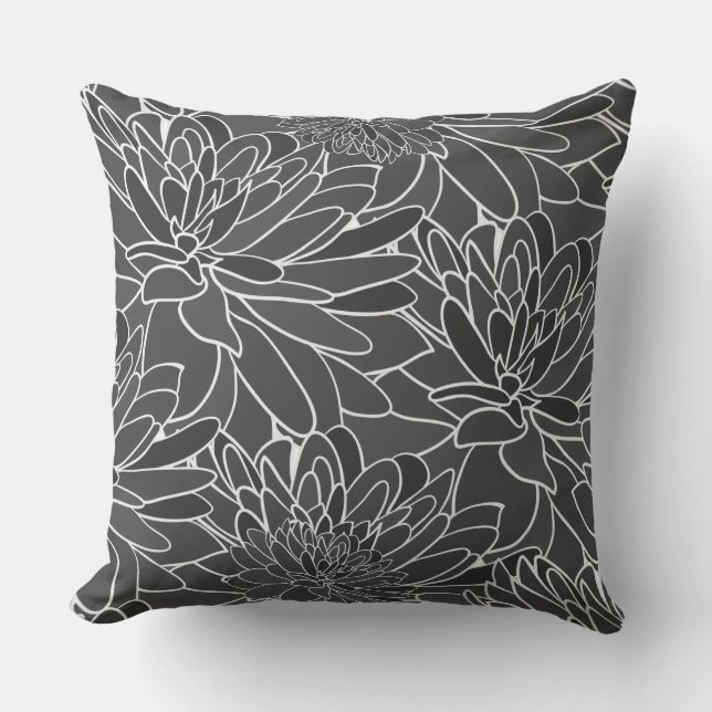 Coussin Aquarelle Dahlias gris noir blanc (Recto)