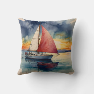 Coussin Aquarelle de bateau sur la peinture de mer goutte