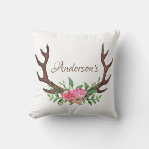 Coussin Aquarelle de bois Rose floral Deer Buck Antlers