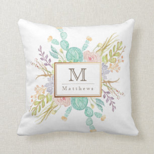 Coussin Aquarelle de bouquet Succulente   Initiale