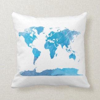 Coussin Aquarelle de carte du monde peignant l'art bleu