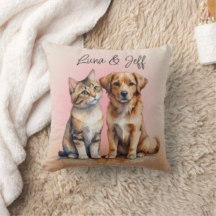 Coussin Aquarelle de chat et chien mignonne