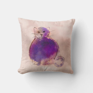 Coussin aquarelle de chat violet blanc