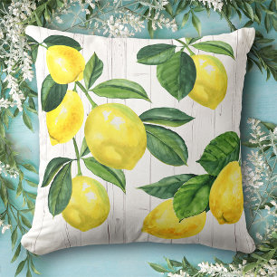 Coussin Aquarelle de citrons rustiques frais, bois blanc d