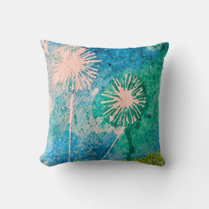 Coussin Aquarelle de Dandelion bleu et vert abstrait