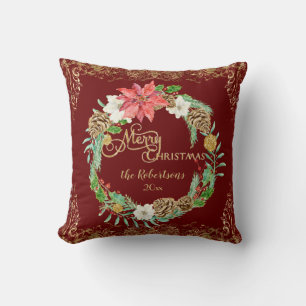 Coussin Aquarelle de fleurs de couronne Joyeux Noël Rouge 