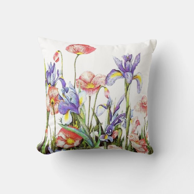 Coussin Aquarelle de fleurs d'iris et de pavot florale (Recto)