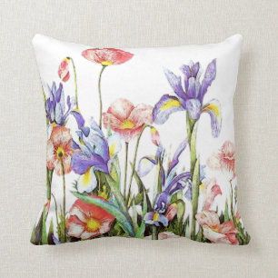 Coussin Aquarelle de fleurs d'iris et de pavot florale
