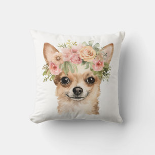 Coussin Aquarelle de la couronne de fleurs Boho Chihuahua