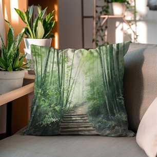 Coussin Aquarelle de la forêt de bambou vert