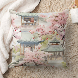 Coussin Aquarelle de la pagode asiatique au milieu des fle
