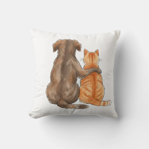 Coussin Aquarelle de l'amitié entre chien et chat