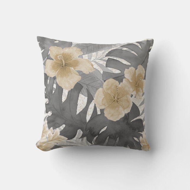 Coussin Aquarelle de Luana Flore gris tropical réversible  (Recto)