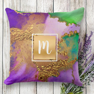 Coussin Aquarelle de marbre or violet vert aqua monogramme