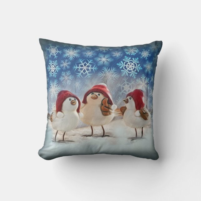 Coussin Aquarelle de neige des poulets de Noël (Recto)