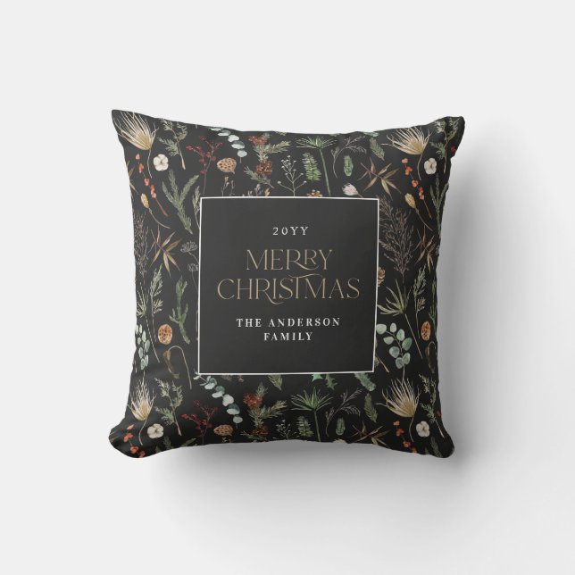 Coussin Aquarelle de Noël botanique floral foncé moody (Recto)