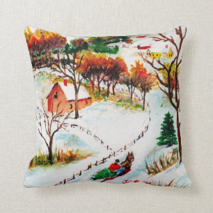 Coussin Aquarelle de Noël de montagne de tour de Sleigh