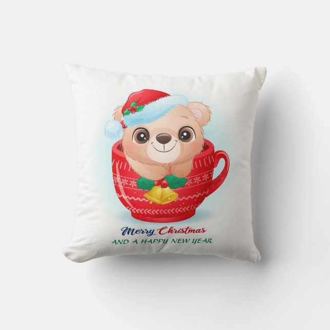 Coussin Aquarelle de Noël mignonne Bébé Ours Pépinière (Recto)