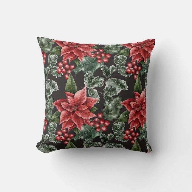 Coussin Aquarelle de Noël Poinsettia Motif (Recto)