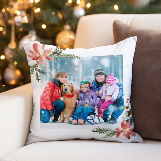 Coussin Aquarelle de Noël Poinsettia Photo botanique (Créateur téléchargé)