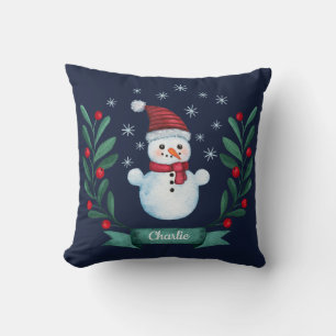 Coussin Aquarelle de Noël Snowman Custom Navy Blue