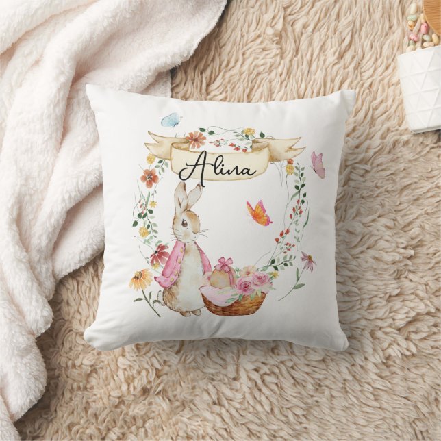 Coussin Aquarelle de Pâques de lapin rose personnalisée (Couverture)