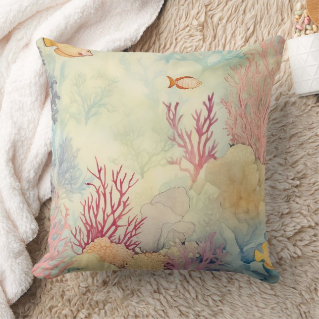 Coussin Aquarelle de plage côtière Corail et poisson (Couverture)