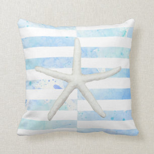 Coussin Aquarelle de plage Starfish Large Bleu rayé Blanc
