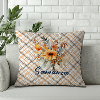 Coussin Aquarelle de tartan vintage fleur sauvage orange