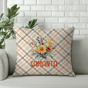 Coussin Aquarelle de tartan vintage nom vert fleur sauvage