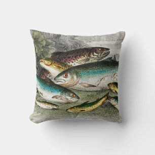 Coussin Aquarelle de truite de pêche Vintage du pêcheur de