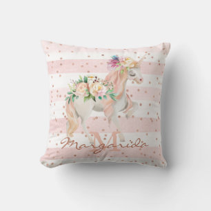Coussin Aquarelle délicate Unicorne rose Monogramme