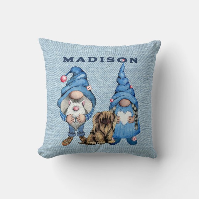 Coussin Aquarelle Denim Gnomes (Recto)