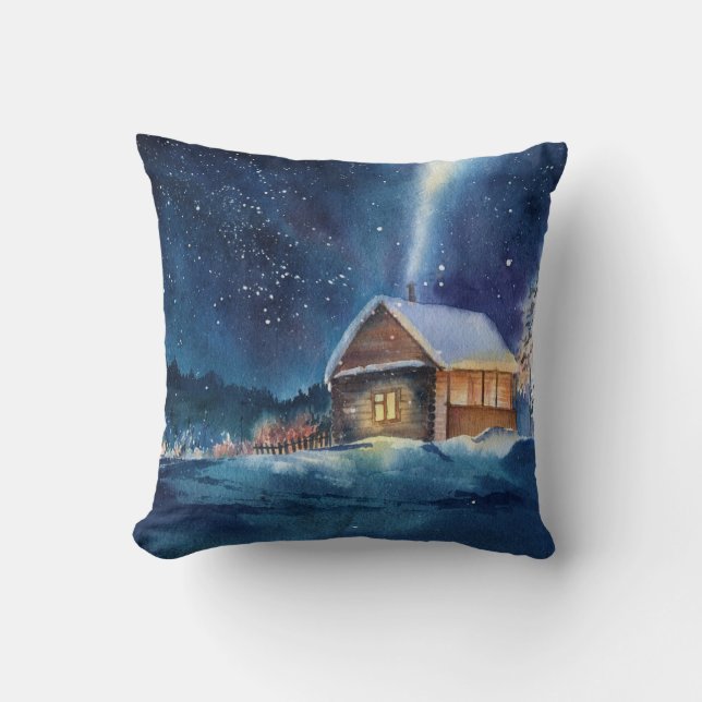 Coussin Aquarelle dessinée à la main paysage d'hiver (Recto)