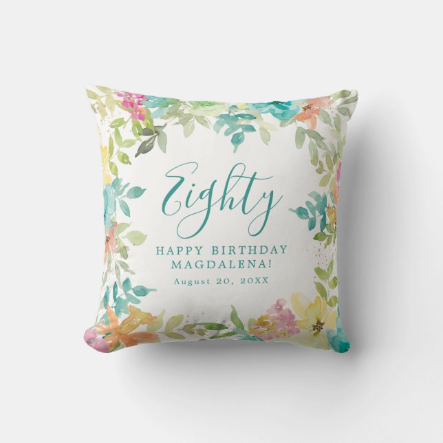 Coussin Aquarelle d'été Floral Custom 80e anniversaire (Recto)