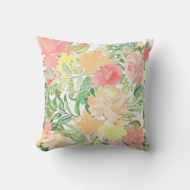 Coussin Aquarelle d'été Pêche botanique Corail Jaune (Recto)