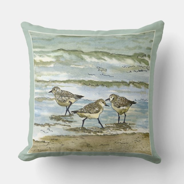 Coussin Aquarelle d'oiseaux de plage de bécasseau en vert (Recto)