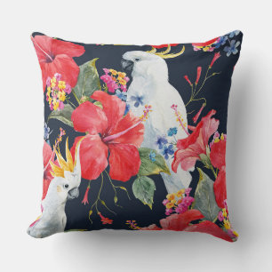 Coussin Aquarelle d'oiseaux tropicaux Fleurs d'Hibiscus ro