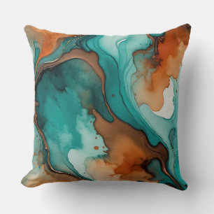 Coussin Aquarelle d'orange brûlé, turquoise et rouille
