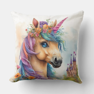 Coussin Aquarelle Dreamy Unicorn avec Château et Fleurs