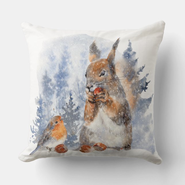 Coussin Aquarelle Écureuil européen et paysage hivernal d' (Recto)