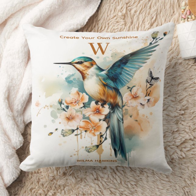 Coussin Aquarelle Élégant Monogramme De Colibri Avec Nom (Couverture)