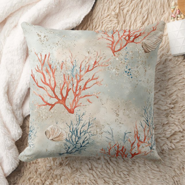 Coussin Aquarelle Élégante Côtière Corail & Vagues Océaniq (Couverture)