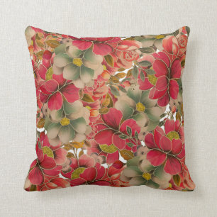Coussin Aquarelle élégante d'or vert de corail rouge
