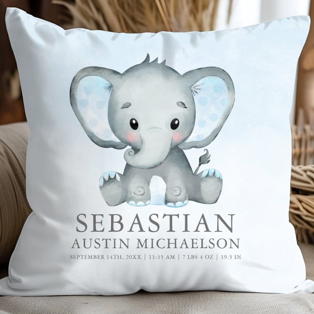 Coussin Aquarelle Eléphante mignonne Garçon bébé (Cute Elephant Watercolor Boy Baby Throw Pillow)