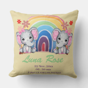 Coussin Aquarelle Eléphants Bébé avec Rainbow Stats de nai