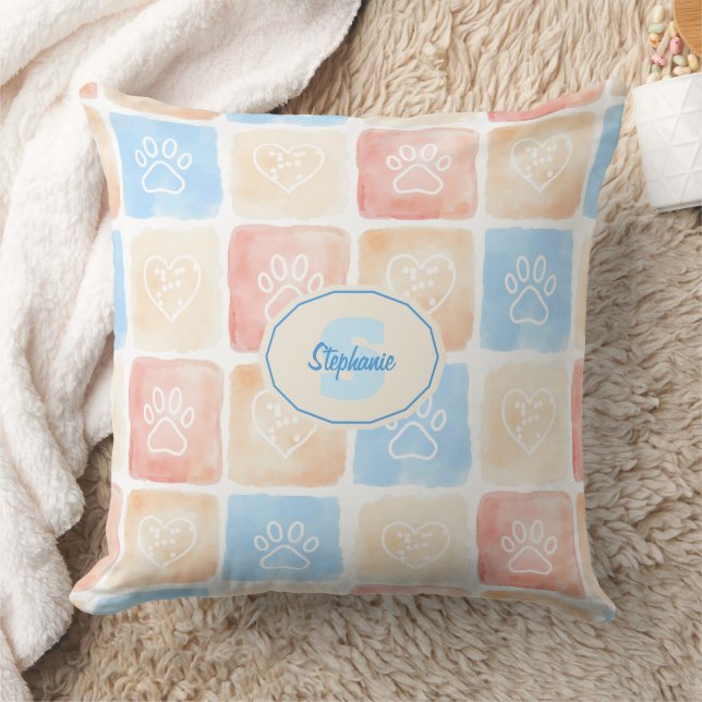 Coussin Aquarelle Empreintes de pattes & Coeurs dans les b (Couverture)