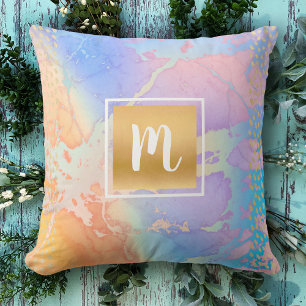 Coussin Aquarelle en marbre rose turquoise monogramme or