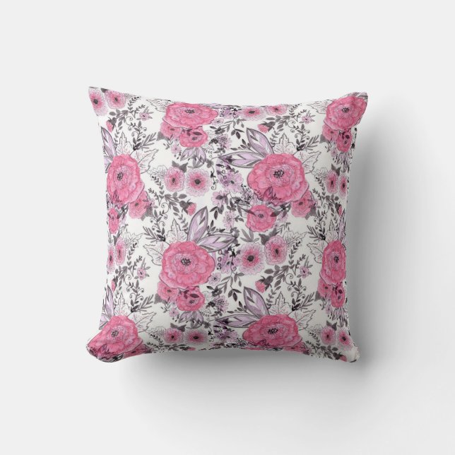 Coussin Aquarelle esquissée fleurs roses clair dossier bla (Recto)