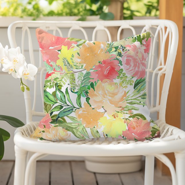 Coussin Aquarelle estivale botanique pêche corail jaune (Créateur téléchargé)